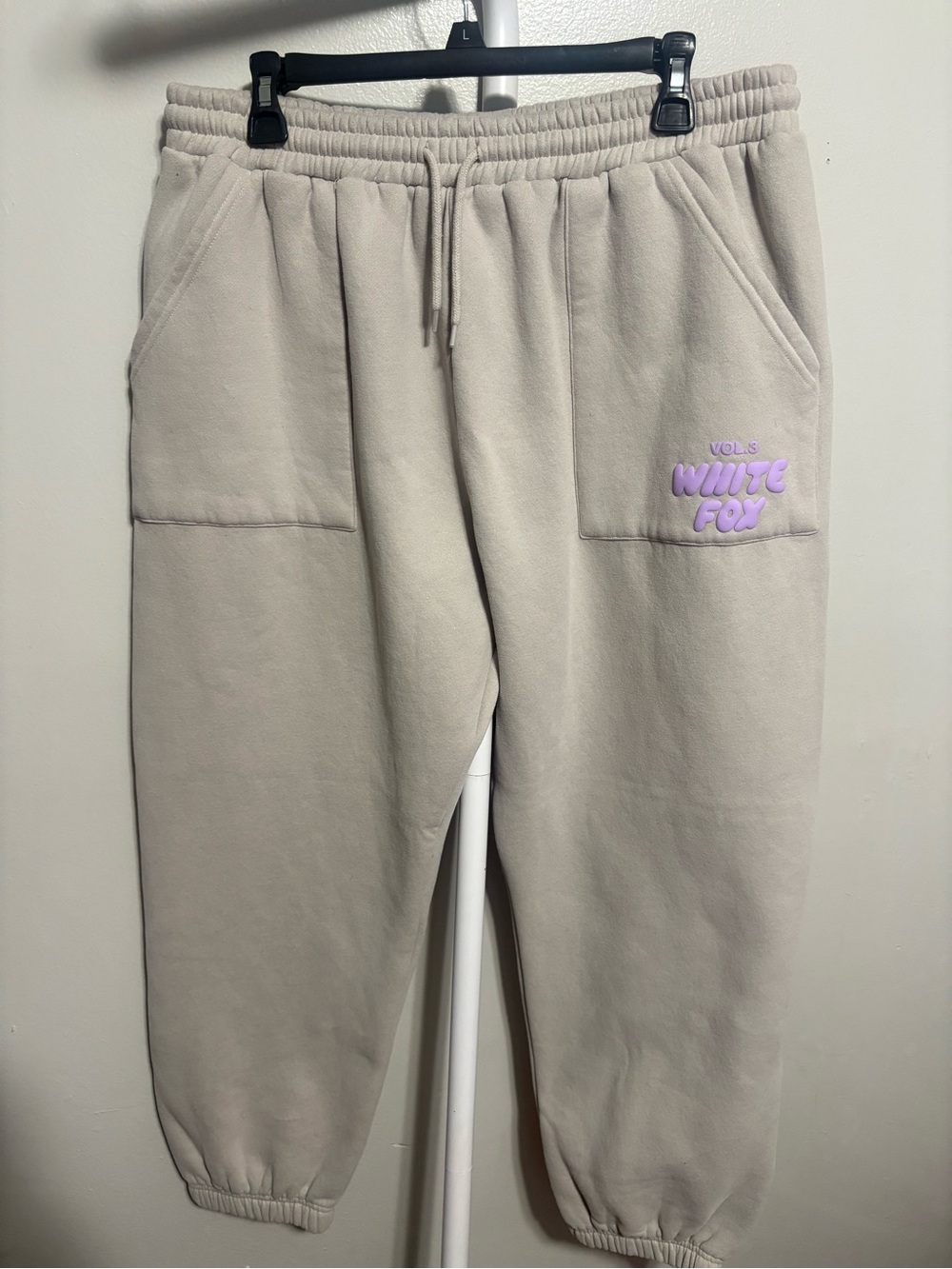 White Fox Boutique Beige Sweatpants with Lilac Logo